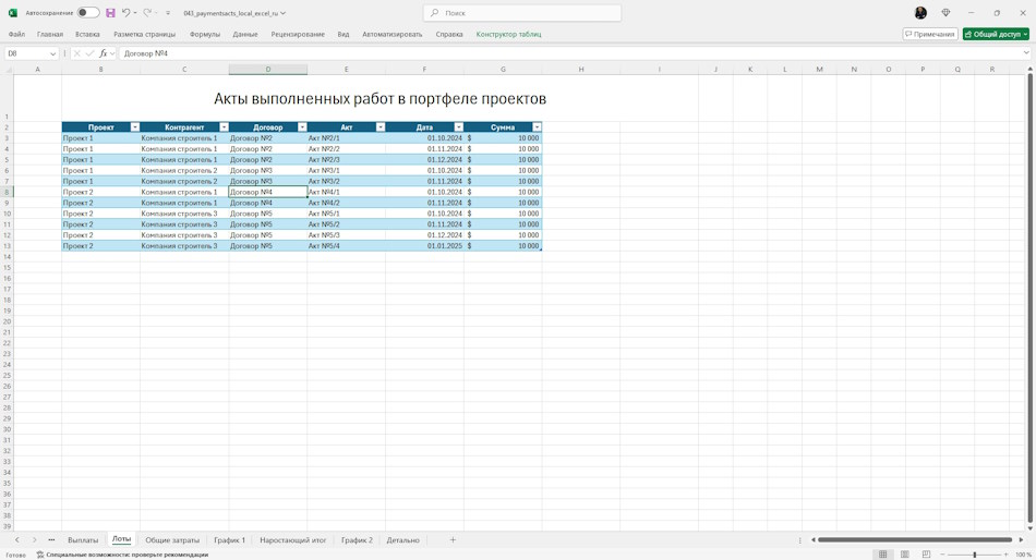 Реестр актов выполненных работ портфеля проектов в MS Excel