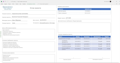 Устав проекта в MS Project Pro (локальная версия)
