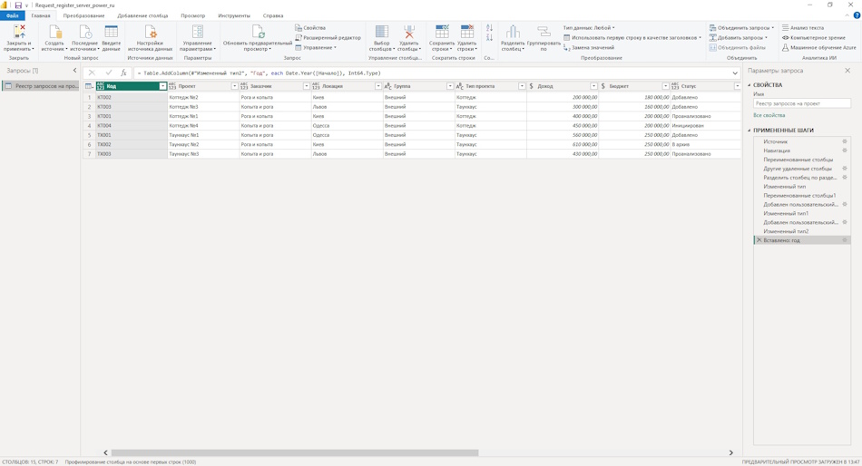 Настройка отчета «Анализ реестра запросов на проекты» в MS Power BI