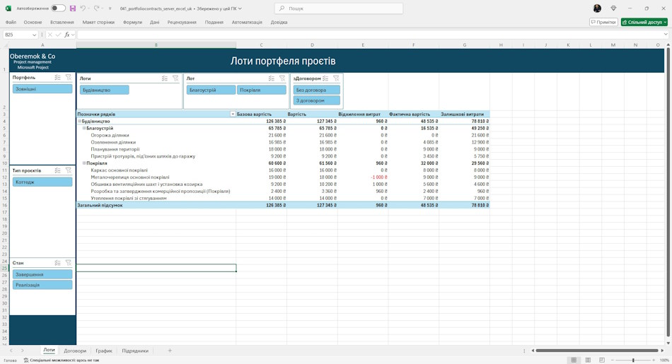 Лоти портфеля проектів у дашборді MS Excel